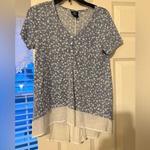 Blue Floral V-neck Top with White Layered Hem